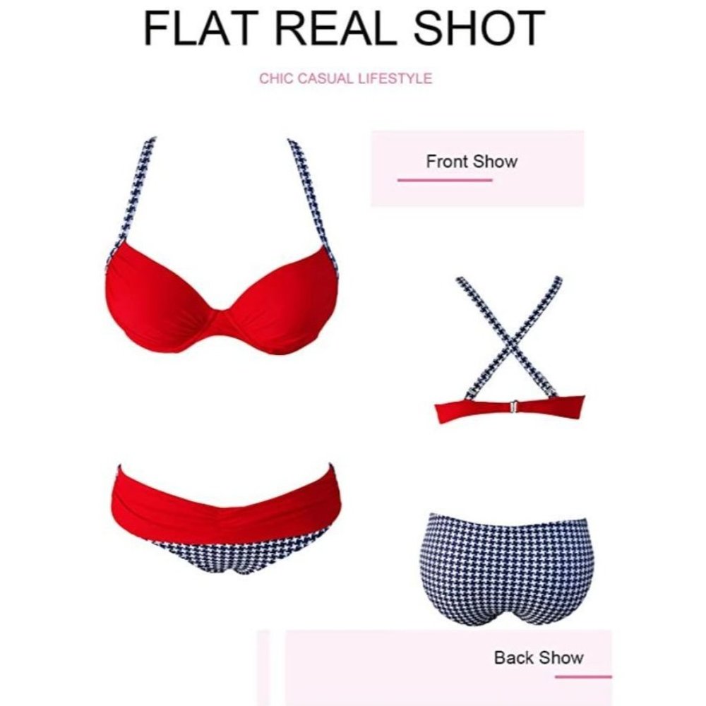 Actloe Women Color Block Bikini Swimsuit Two Pieces Swimwear Push up Bathing Sui - Picture 2 of 11